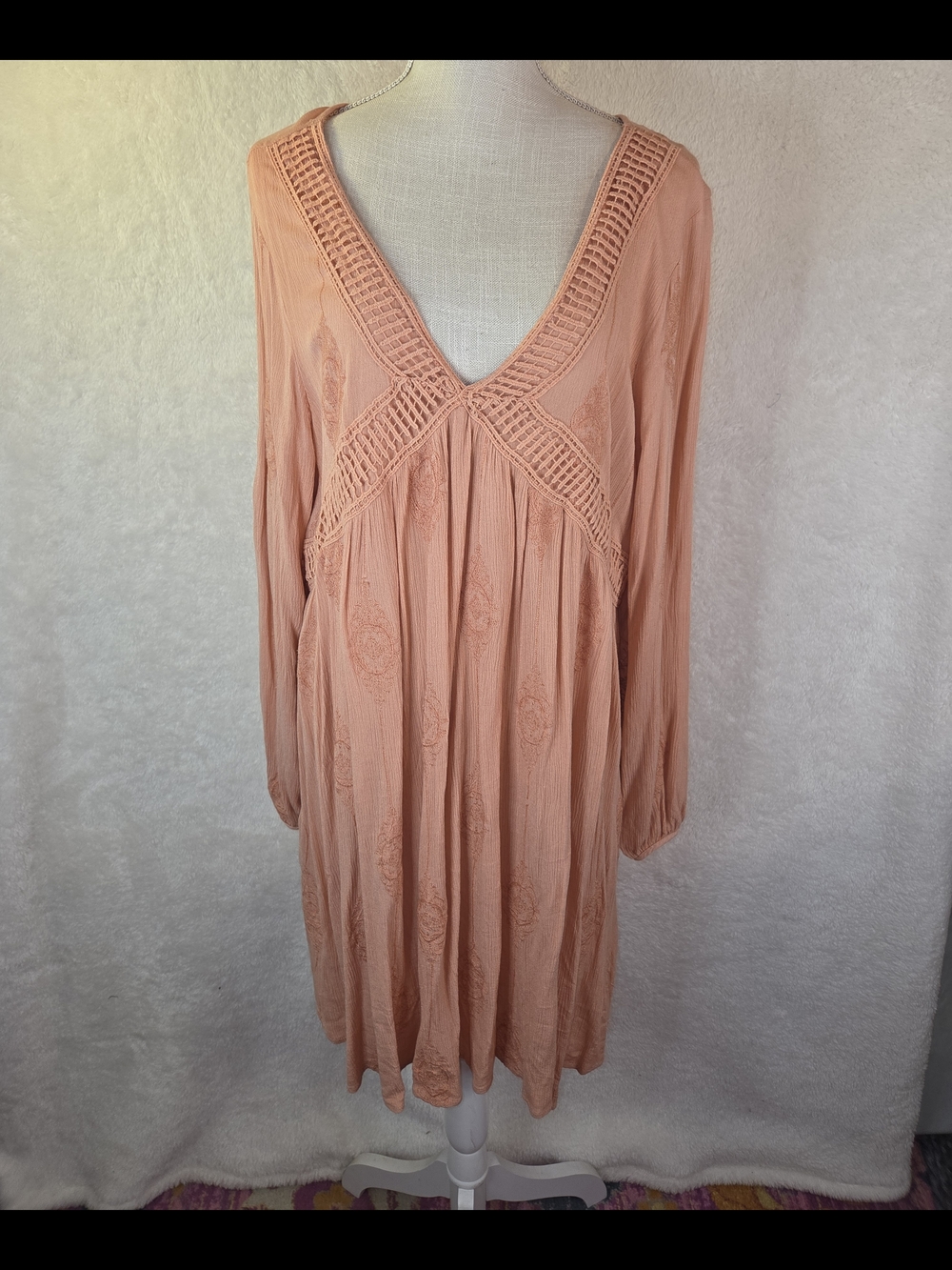 Boho Coral Pink Embroidered Babydoll Mini Dress V-Neck Long Sleeve Flowy Sz XXL